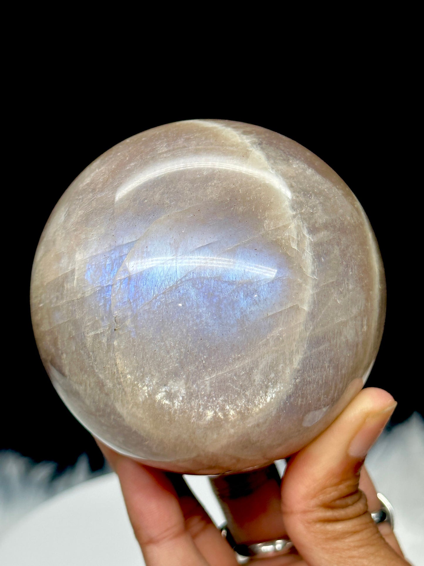 High Quality Large Moonstone Crystal Sphere with Blue Flash, 3.1 inches diameter