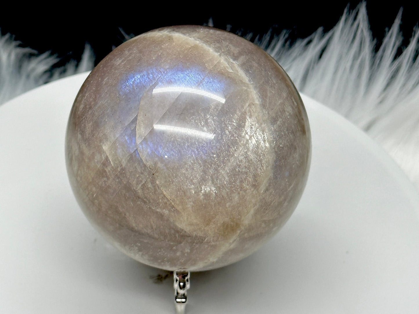 High Quality Large Moonstone Crystal Sphere with Blue Flash, 3.1 inches diameter