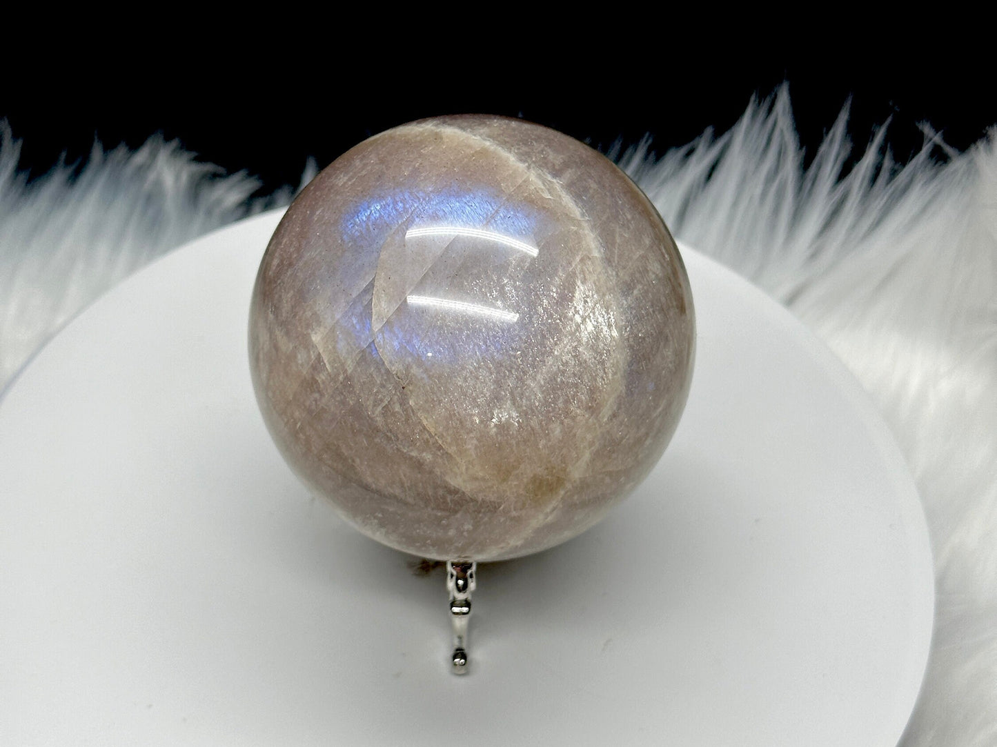 High Quality Large Moonstone Crystal Sphere with Blue Flash, 3.1 inches diameter