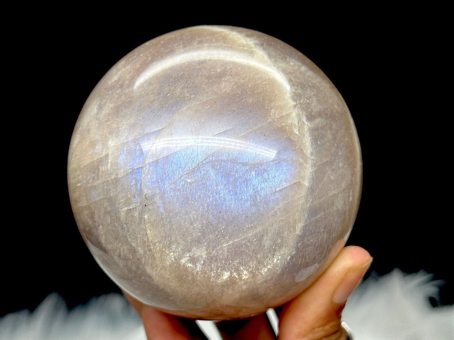 High Quality Large Moonstone Crystal Sphere with Blue Flash, 3.1 inches diameter