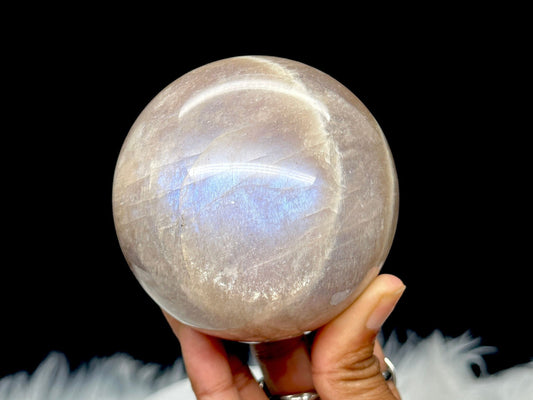 High Quality Large Moonstone Crystal Sphere with Blue Flash, 3.1 inches diameter