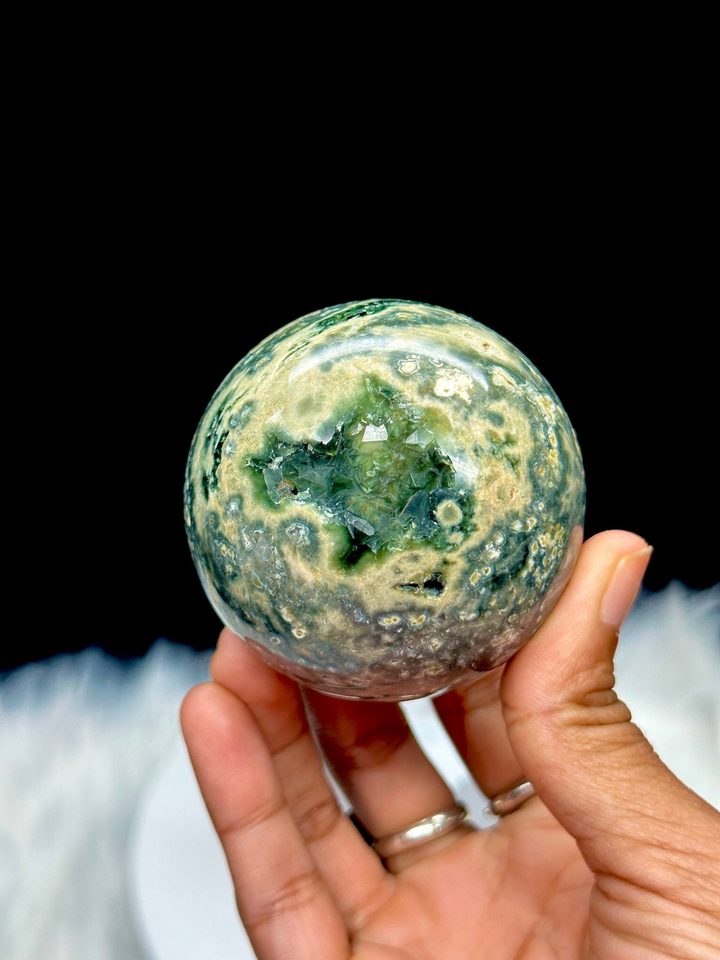 Druzy Orbicular Ocean Jasper Sphere, 2.4 inches diameter