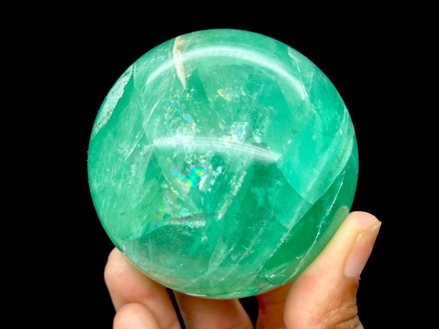 Beautiful Green Fluorite Sphere with Rainbow inclusion