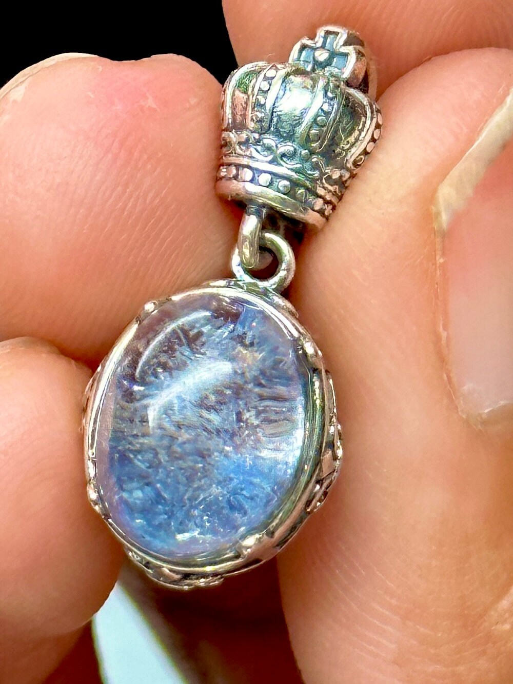 Grade AAA Dumortierite Quartz Crystal Pendant, Blue Fibrous Inclusions, Set in 925 Sterling Silver