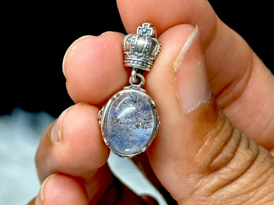 Grade AAA Dumortierite Quartz Crystal Pendant, Blue Fibrous Inclusions, Set in 925 Sterling Silver