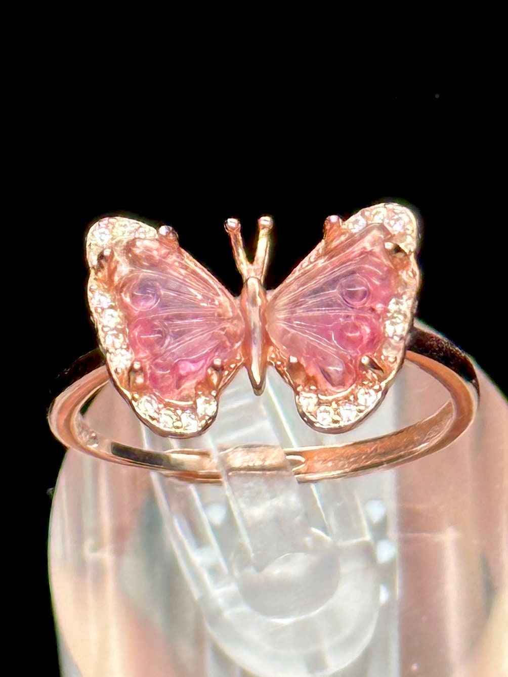 Beautiful Pink Tourmaline Crystal butterfly shaped ring in 925 Sterling Silver