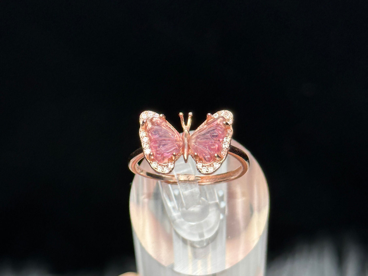 Beautiful Pink Tourmaline Crystal butterfly shaped ring in 925 Sterling Silver