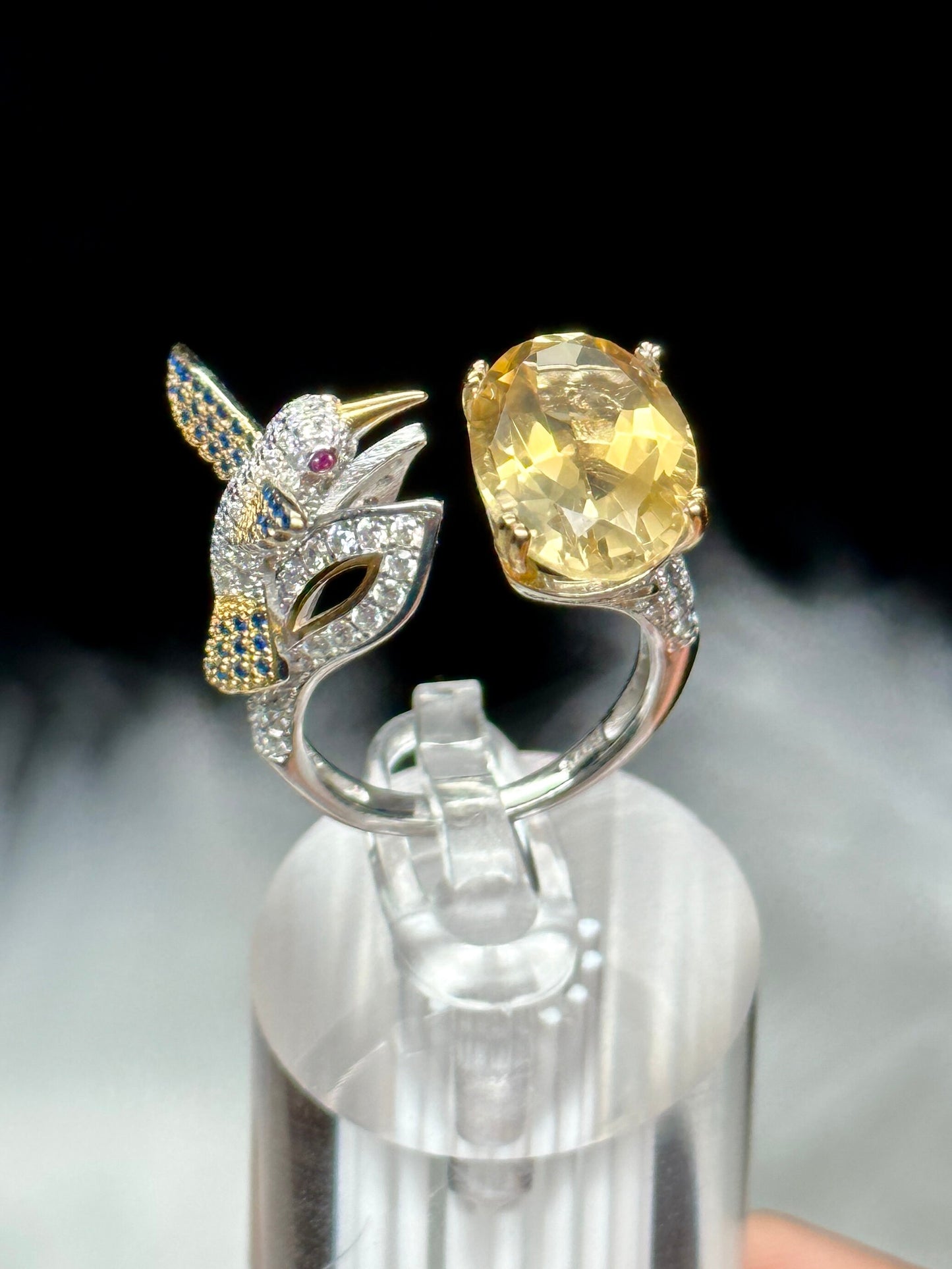 High Quality Natural Citrine Ring in Sterling Silver and humming bird, Adjustable Size