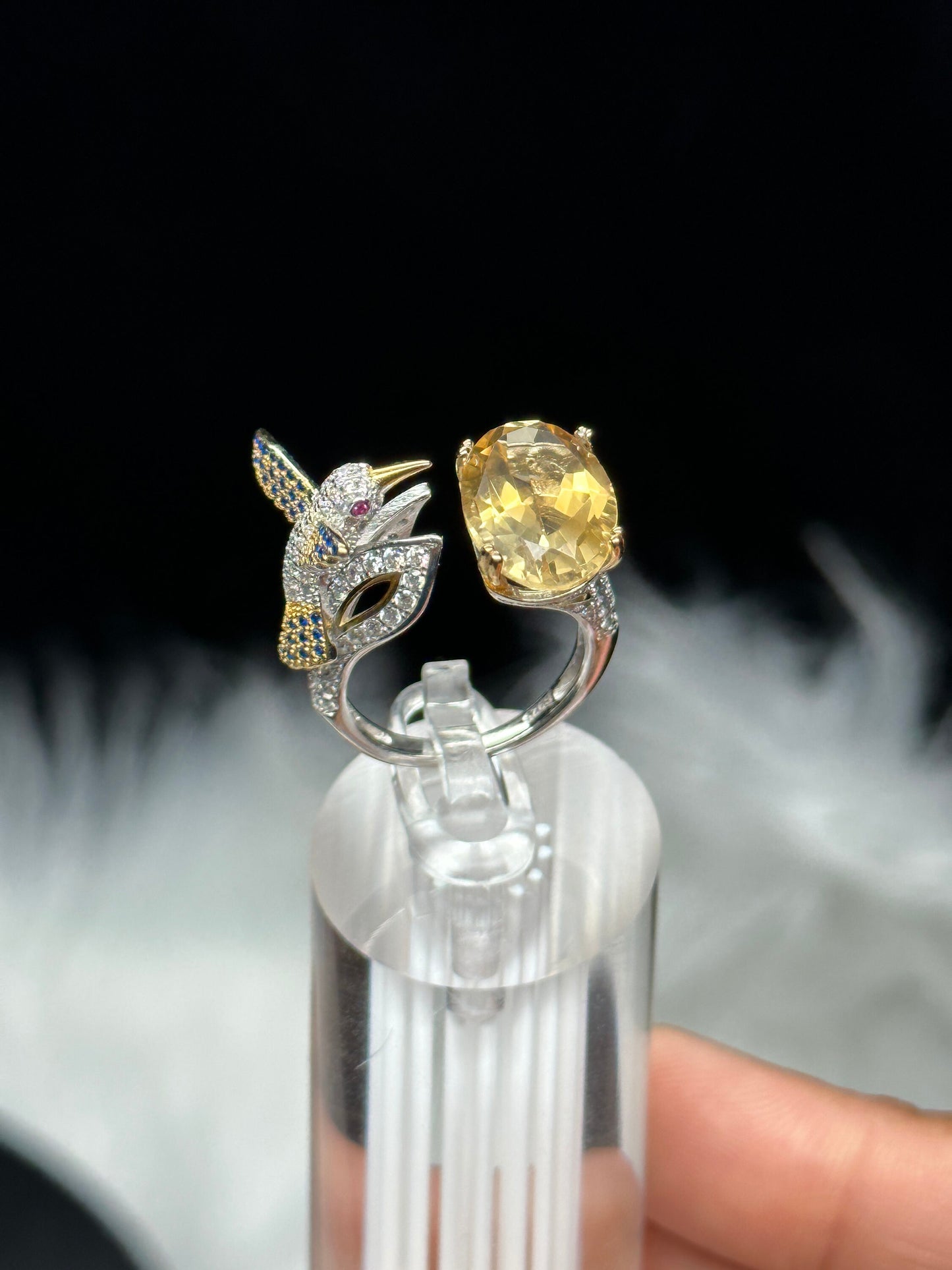 High Quality Natural Citrine Ring in Sterling Silver and humming bird, Adjustable Size