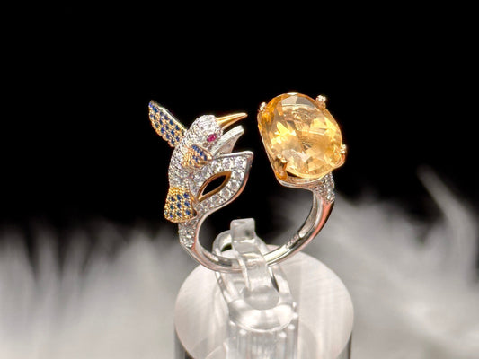 High Quality Natural Citrine Ring in Sterling Silver and humming bird, Adjustable Size