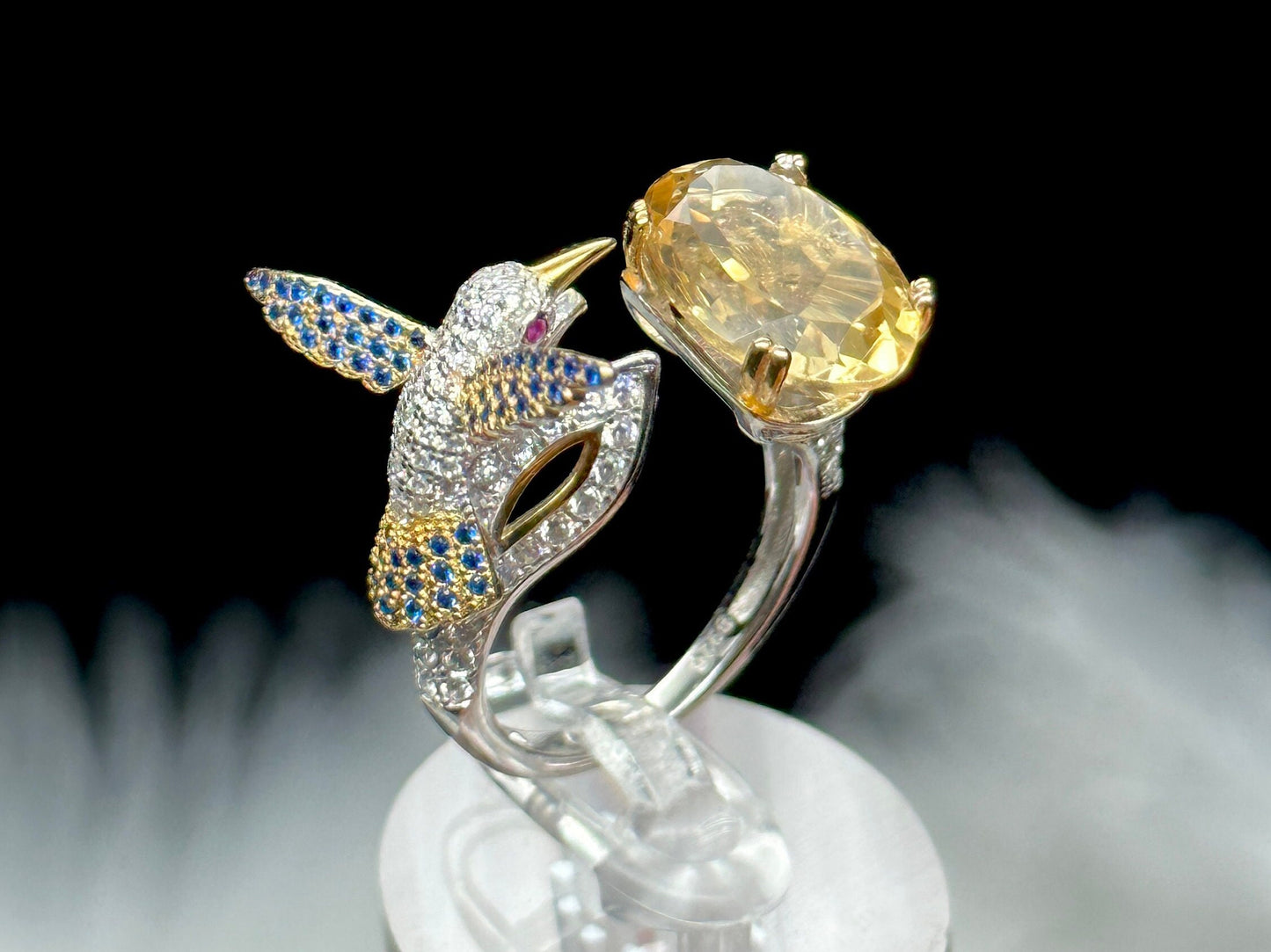 High Quality Natural Citrine Ring in Sterling Silver and humming bird, Adjustable Size