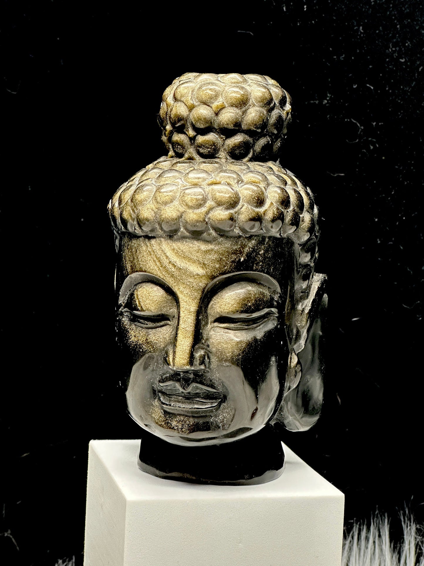 Stunning Golden Sheen Obsidian Buddha Head Carving