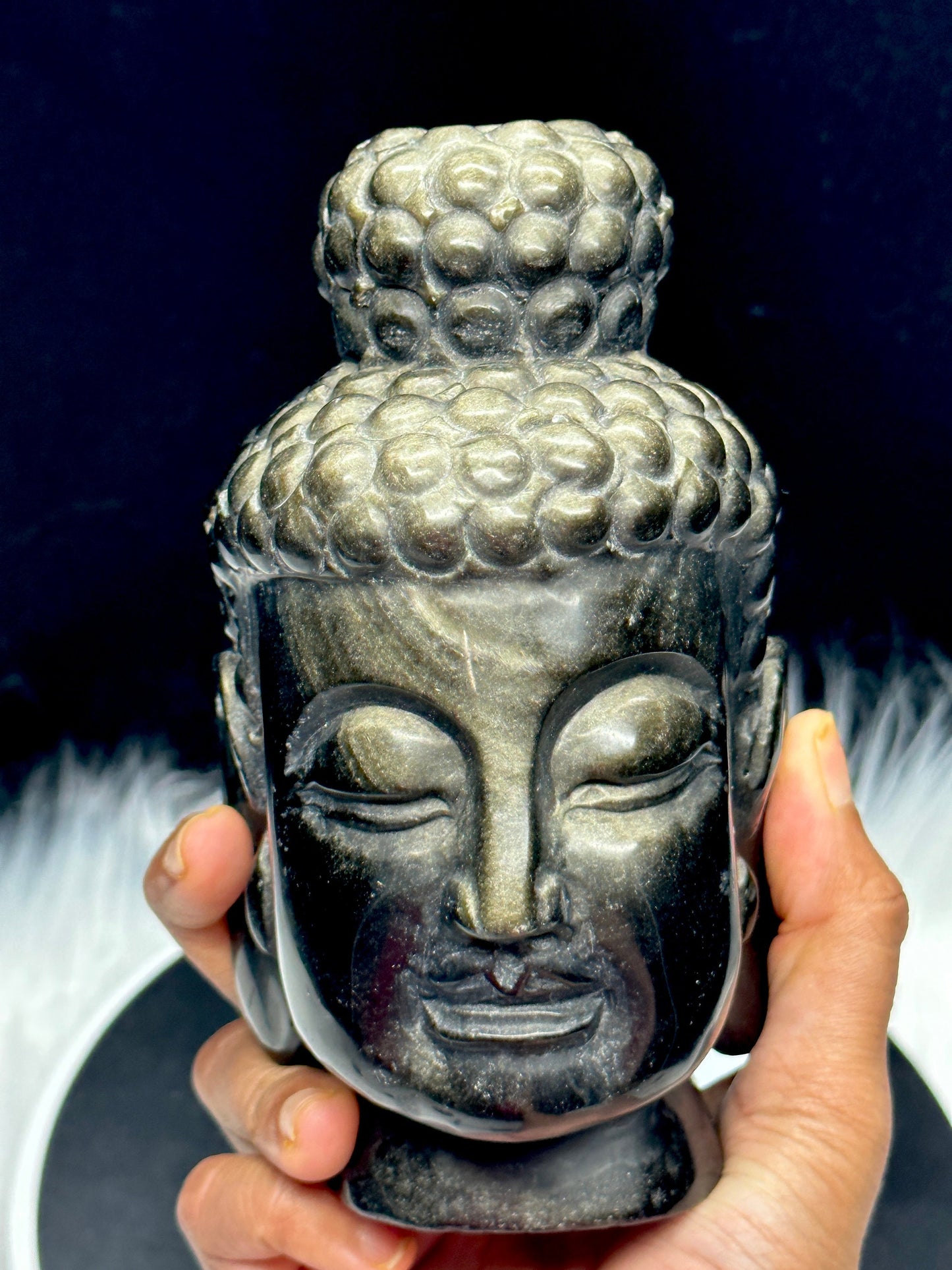 Stunning Golden Sheen Obsidian Buddha Head Carving