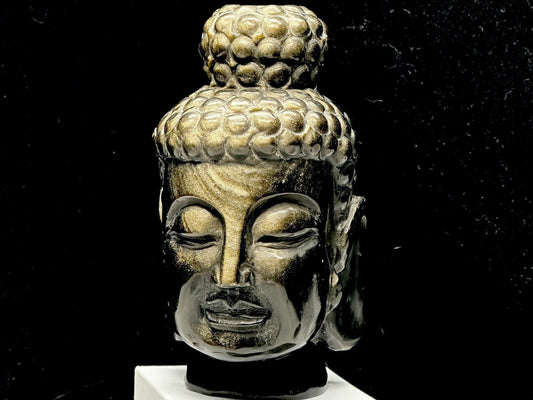 Stunning Golden Sheen Obsidian Buddha Head Carving