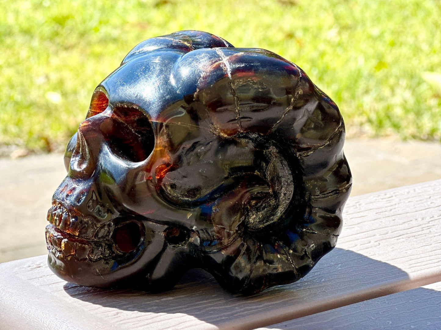 Rare Blue Amber Skull with Horns Carving