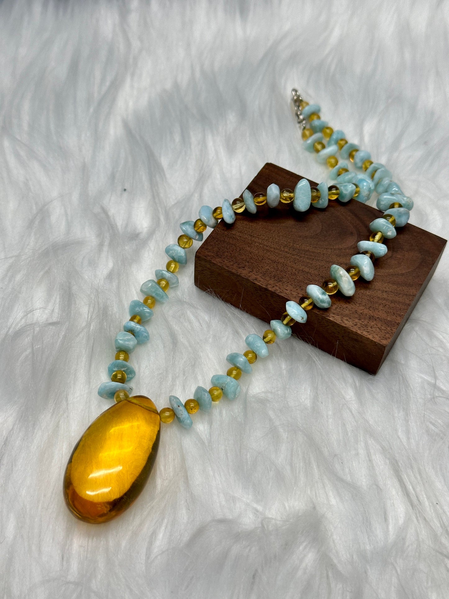 Top Grade Larimar Necklace with Natural Blue Amber Pendant