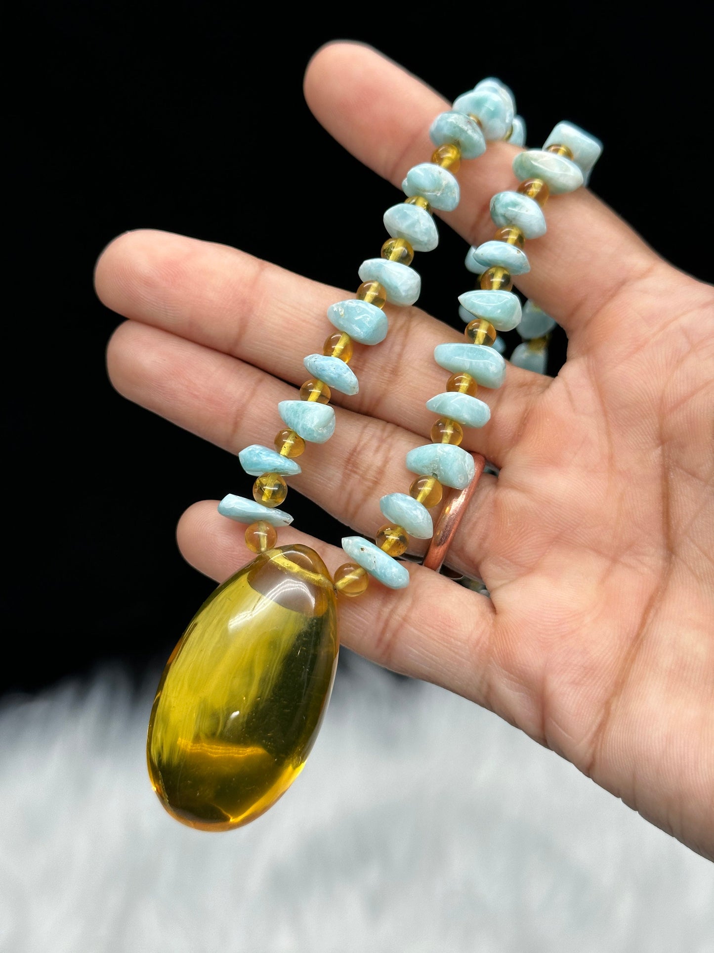 Top Grade Larimar Necklace with Natural Blue Amber Pendant