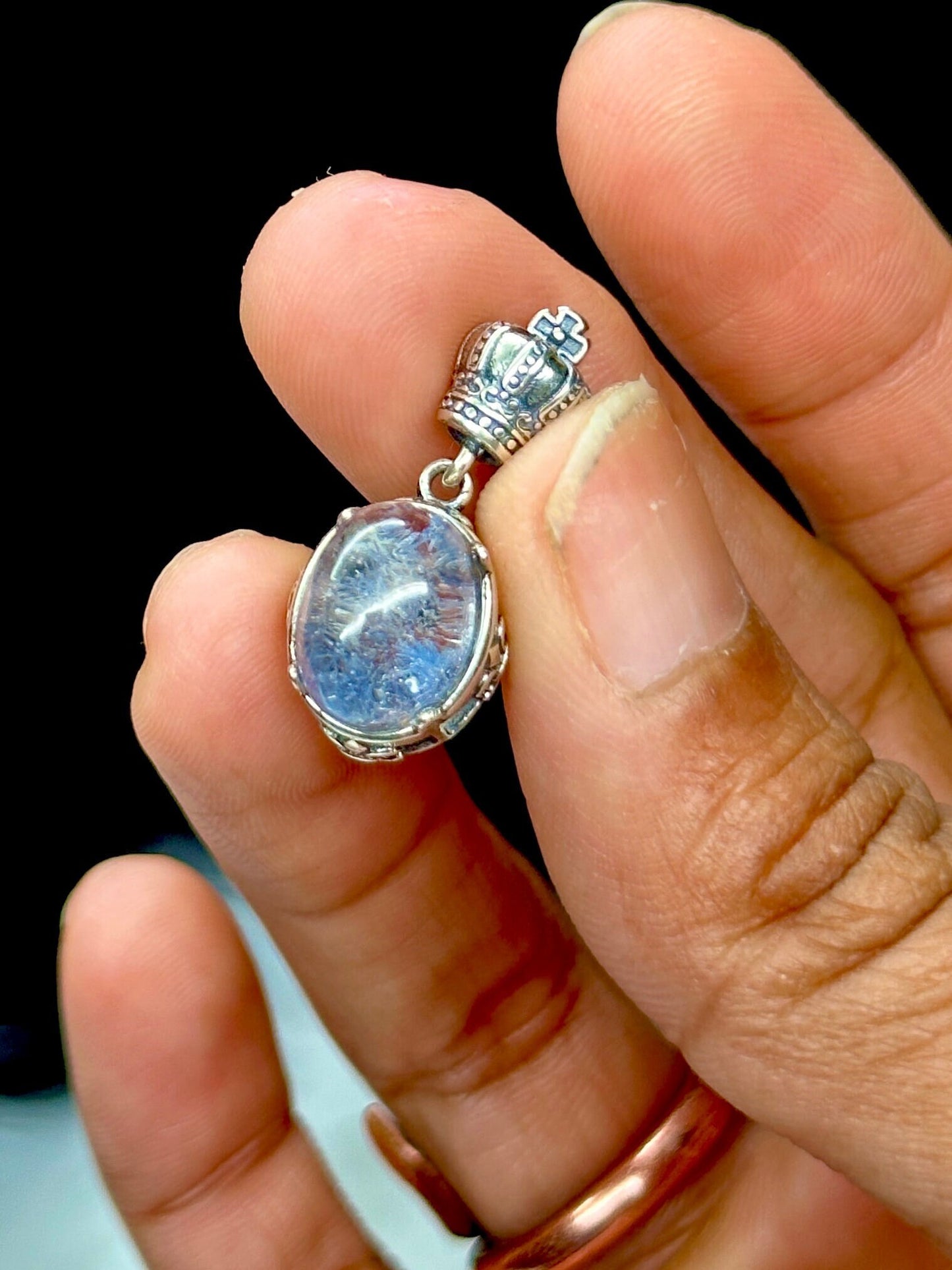 Grade AAA Dumortierite Quartz Crystal Pendant, Blue Fibrous Inclusions, Set in 925 Sterling Silver