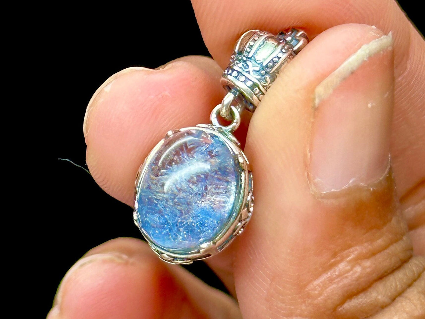 Grade AAA Dumortierite Quartz Crystal Pendant, Blue Fibrous Inclusions, Set in 925 Sterling Silver