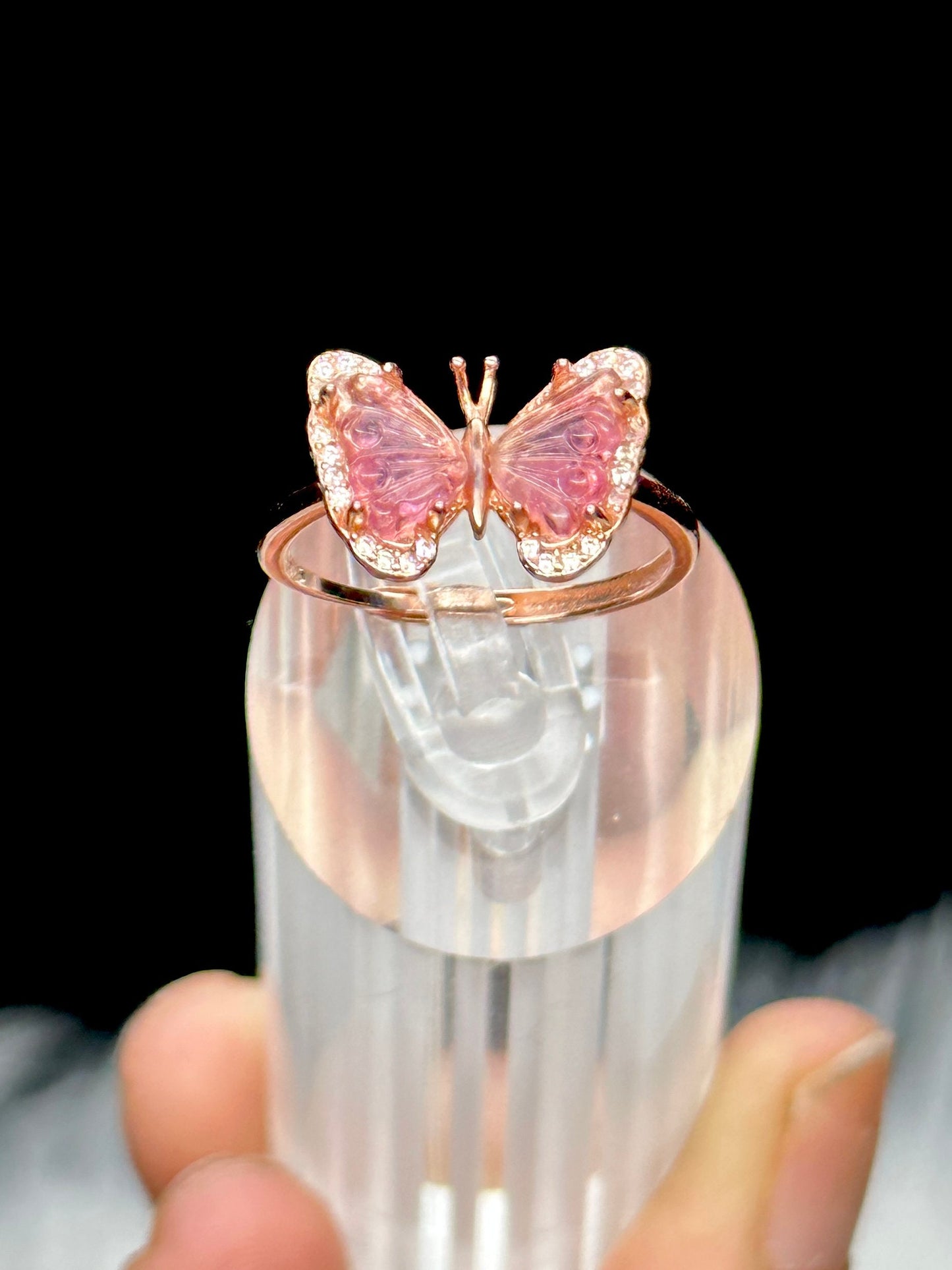 Beautiful Pink Tourmaline Crystal butterfly shaped ring in 925 Sterling Silver