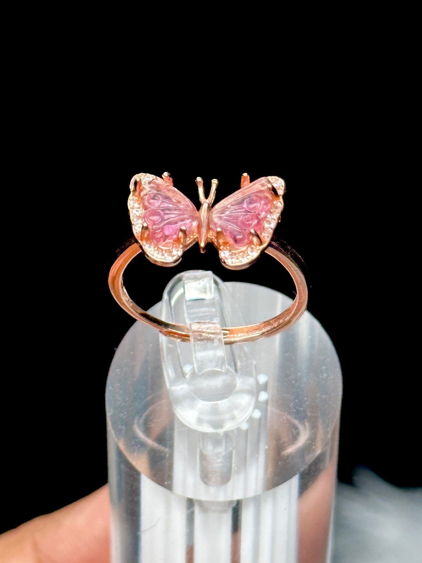 Beautiful Pink Tourmaline Crystal butterfly shaped ring in 925 Sterling Silver