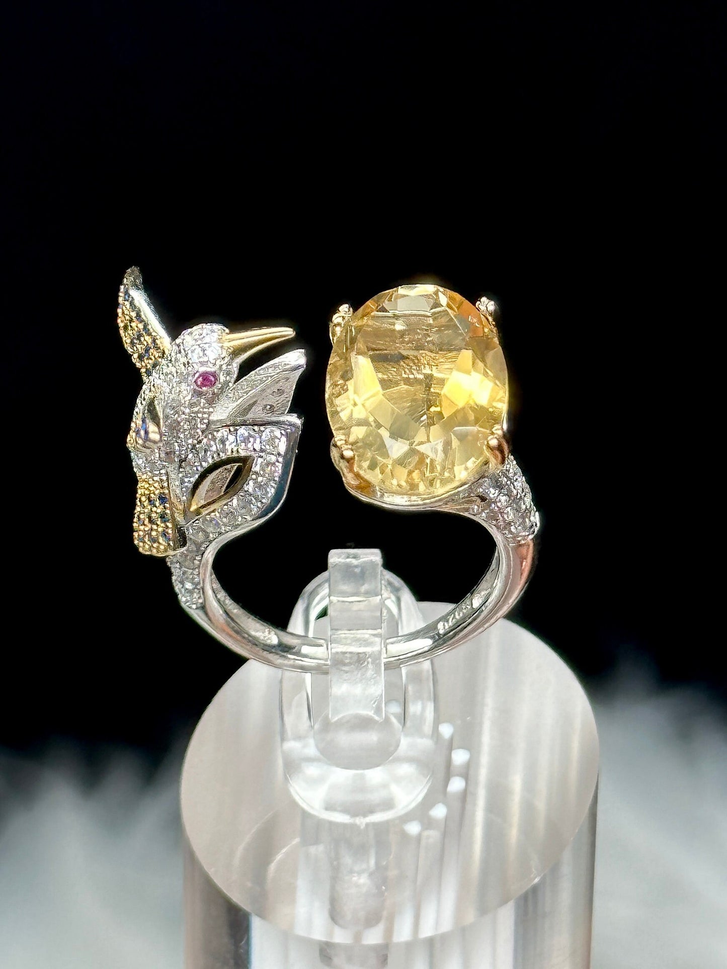 High Quality Natural Citrine Ring in Sterling Silver and humming bird, Adjustable Size