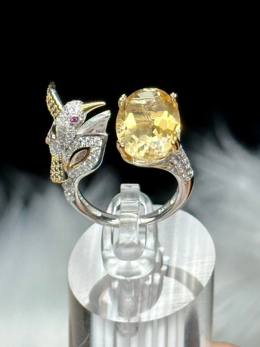 High Quality Natural Citrine Ring in Sterling Silver and humming bird, Adjustable Size