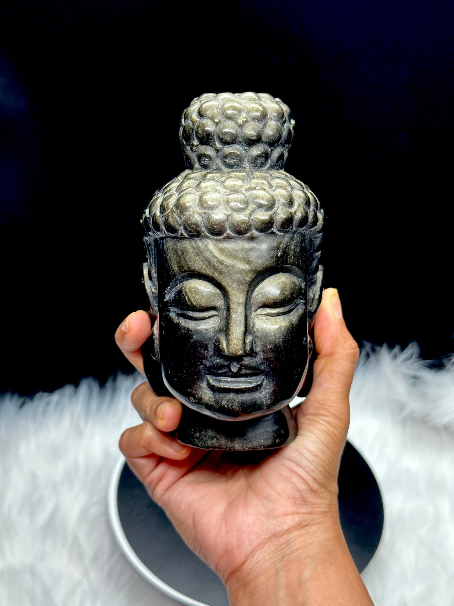 Stunning Golden Sheen Obsidian Buddha Head Carving