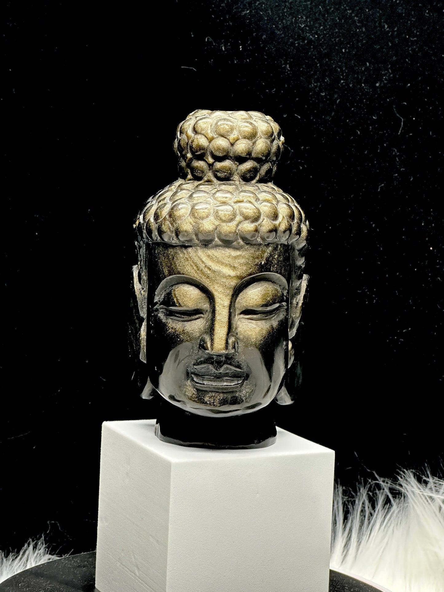 Stunning Golden Sheen Obsidian Buddha Head Carving