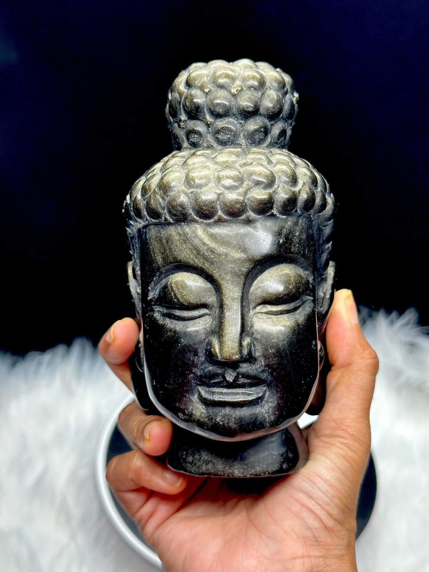 Stunning Golden Sheen Obsidian Buddha Head Carving