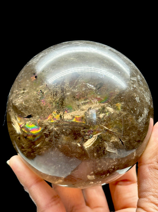 Rainbow filled Large Smoky Quartz Crystal Sphere, Crystal ball