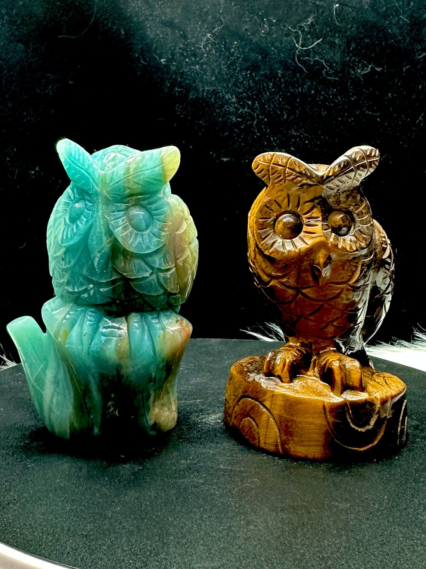 Crystal Owl Carving, Amazonite and Tigers eye owl carving