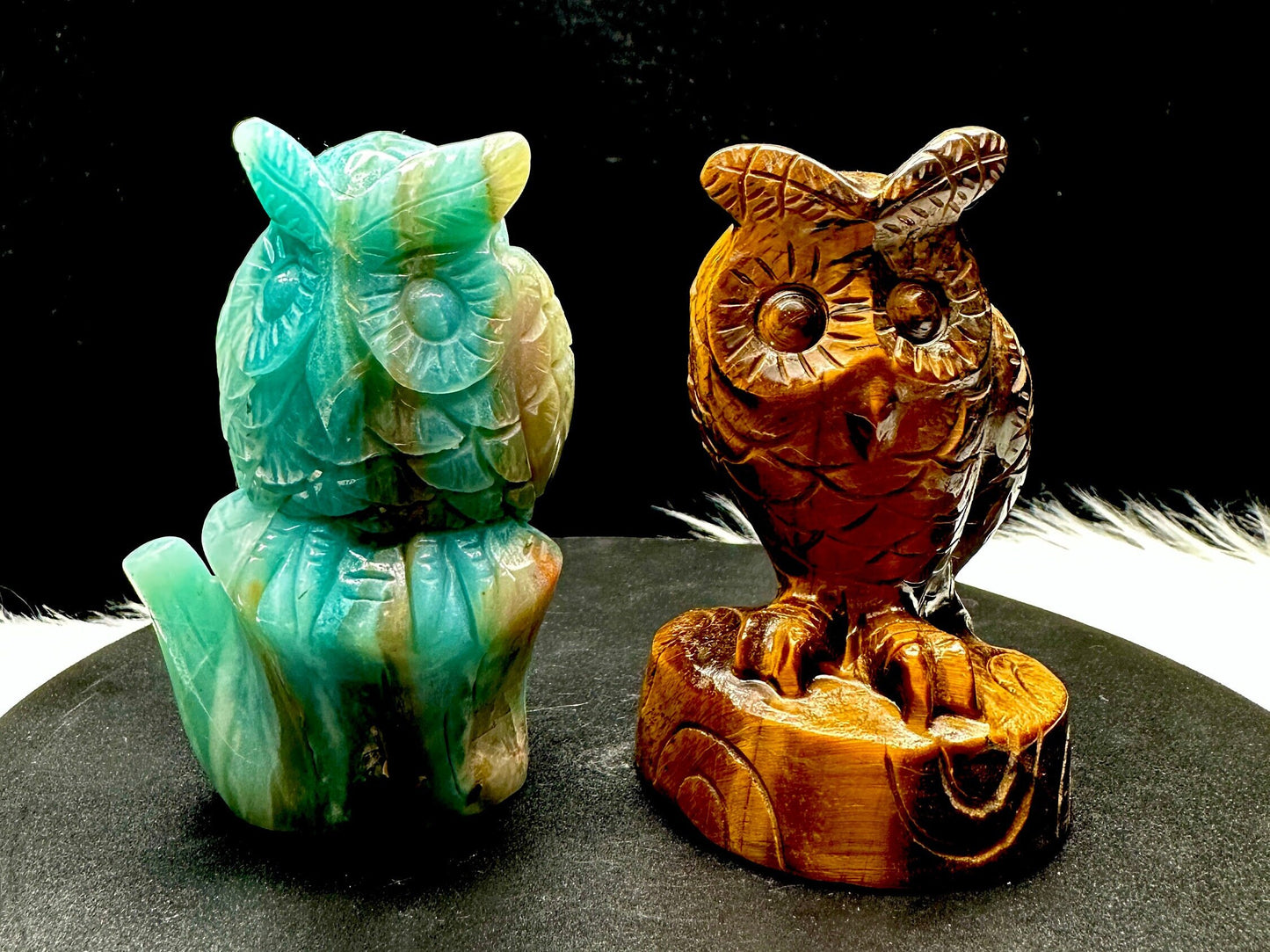 Crystal Owl Carving, Amazonite and Tigers eye owl carving