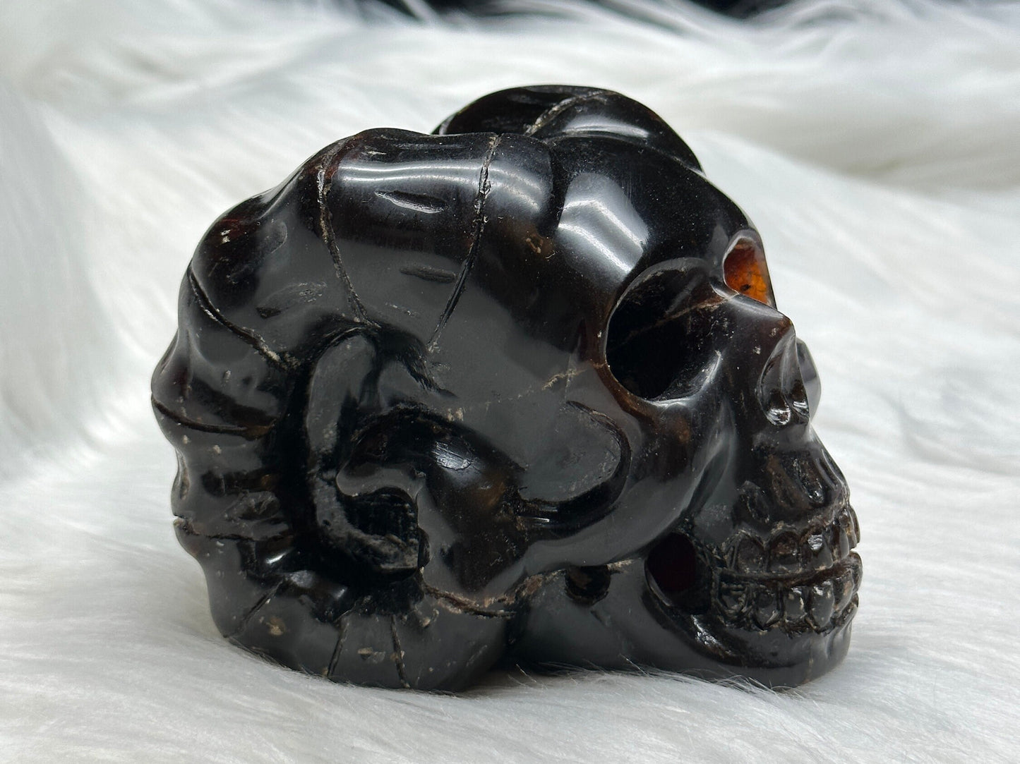 Rare Blue Amber Skull with Horns Carving