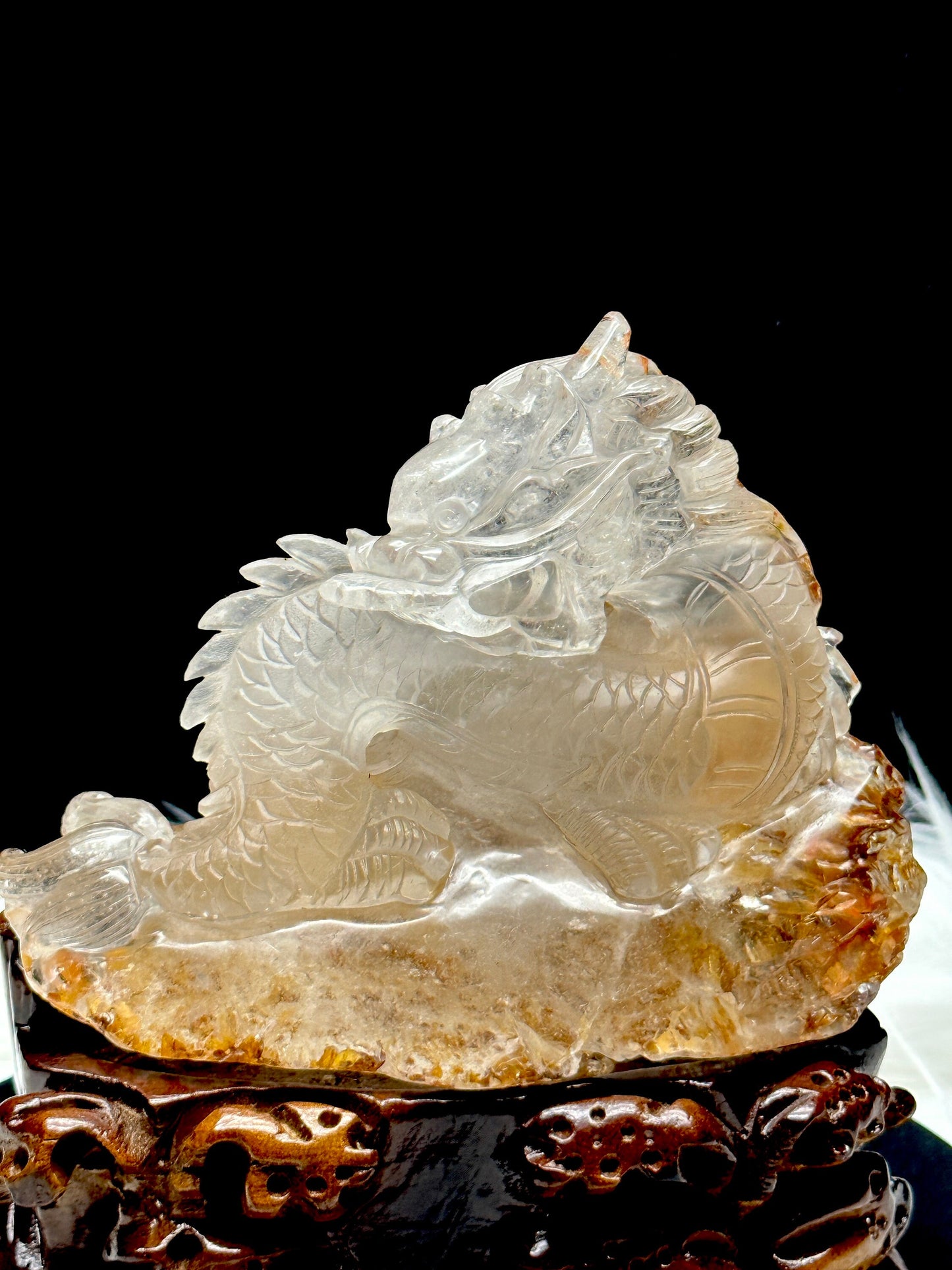 Golden Healer Quartz Crystal Dragon Carving, Feng Shui Lucky Carving for Wealth and Power