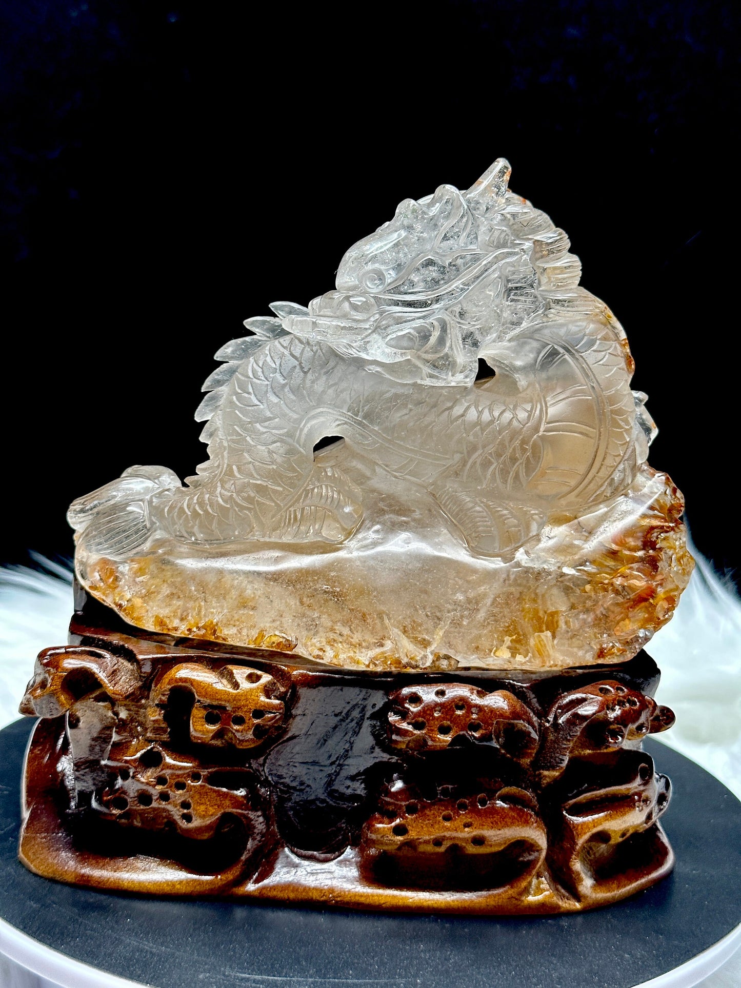 Golden Healer Quartz Crystal Dragon Carving, Feng Shui Lucky Carving for Wealth and Power