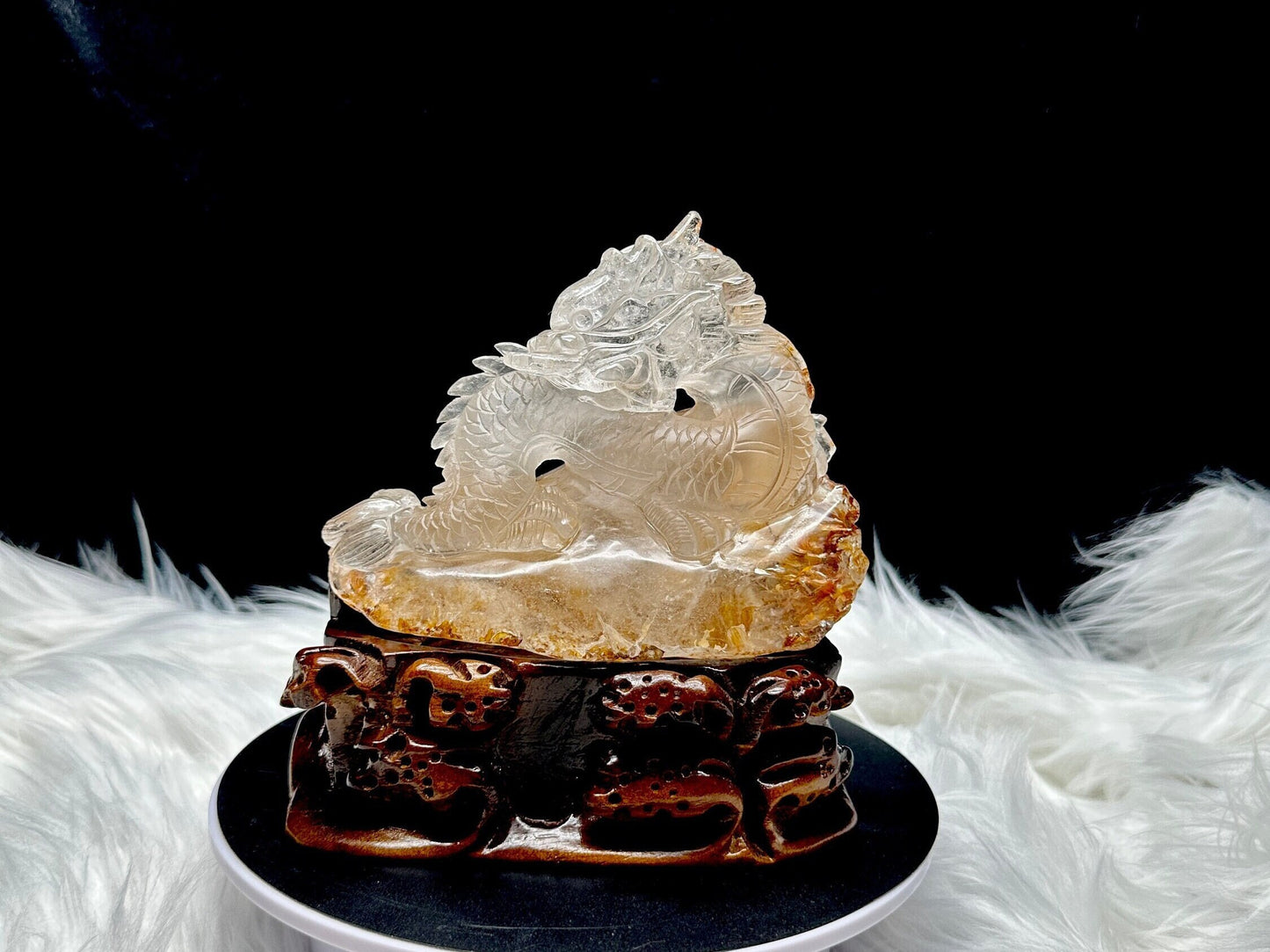 Golden Healer Quartz Crystal Dragon Carving, Feng Shui Lucky Carving for Wealth and Power