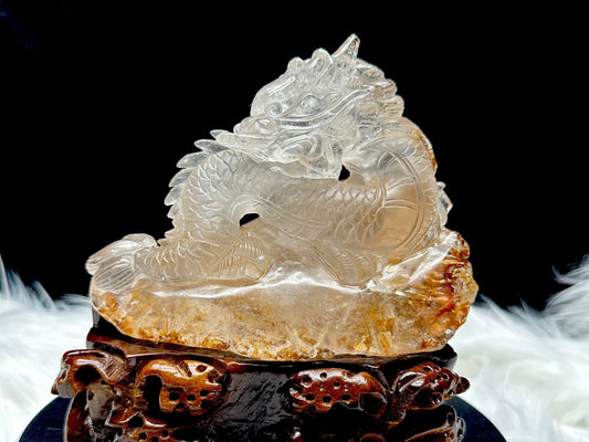 Golden Healer Quartz Crystal Dragon Carving, Feng Shui Lucky Carving for Wealth and Power