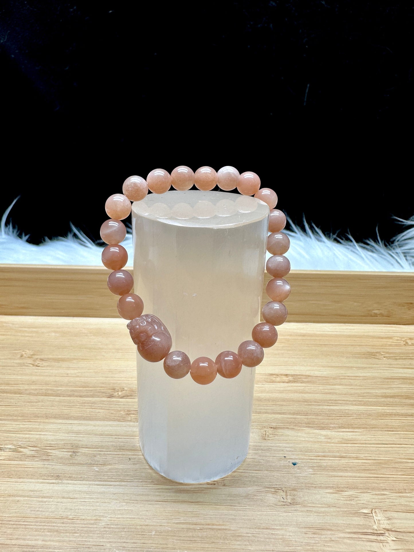 Peach Moonstone Bracelet with Pixiu Carving - 8mm Bead Size