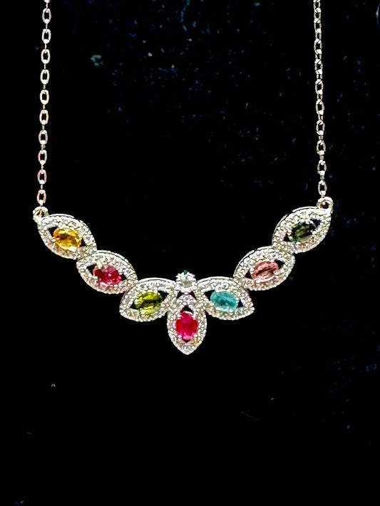 Highest Grade Mixed Tourmaline Pendant Necklace Set in S925 Sterling Silver