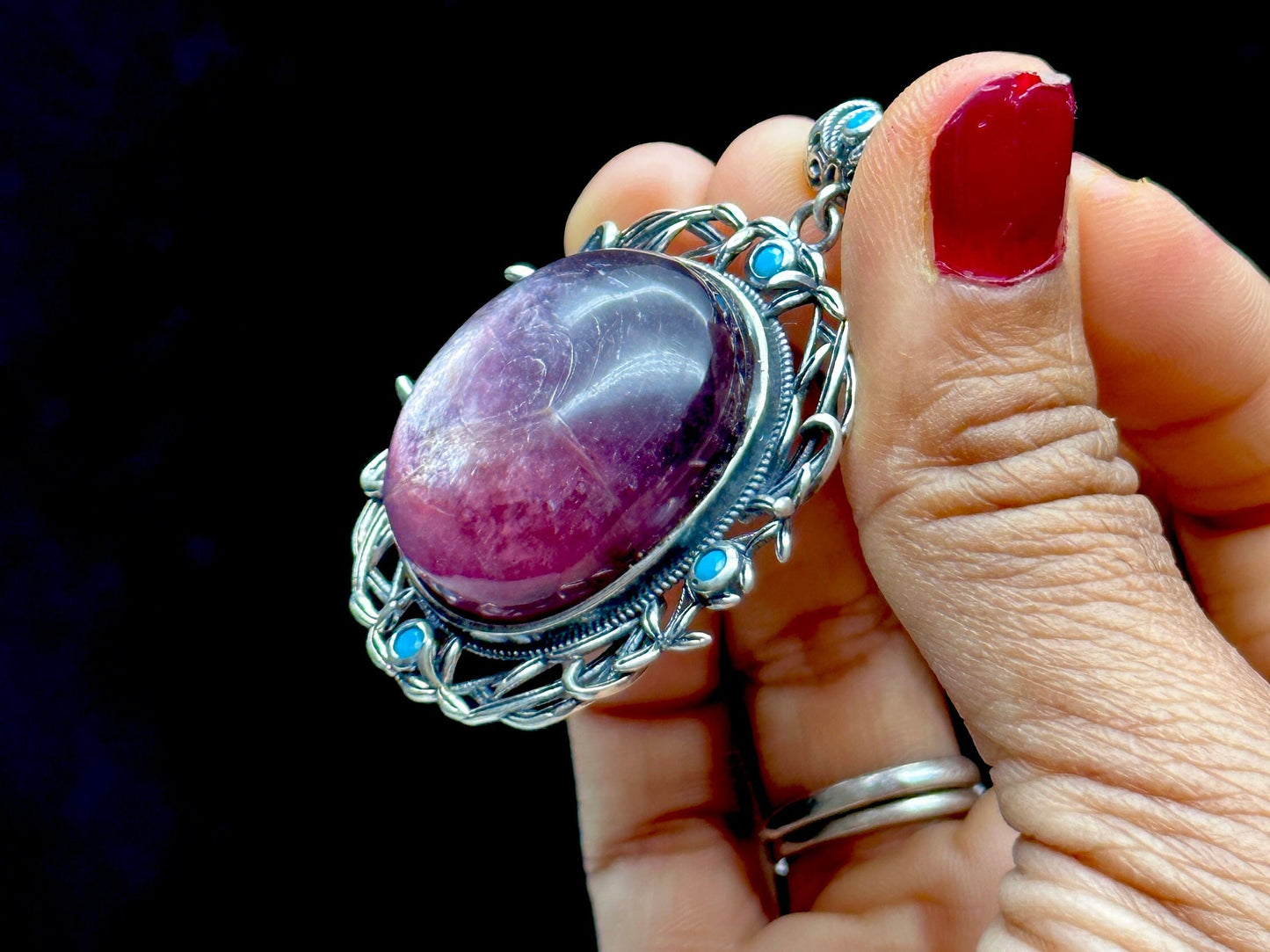 Lepidolite Gemstone Pendant in Sterling Silver with Turquoise Accents, Purple Mica Pendant - Handcrafted Healing Crystal Jewelry