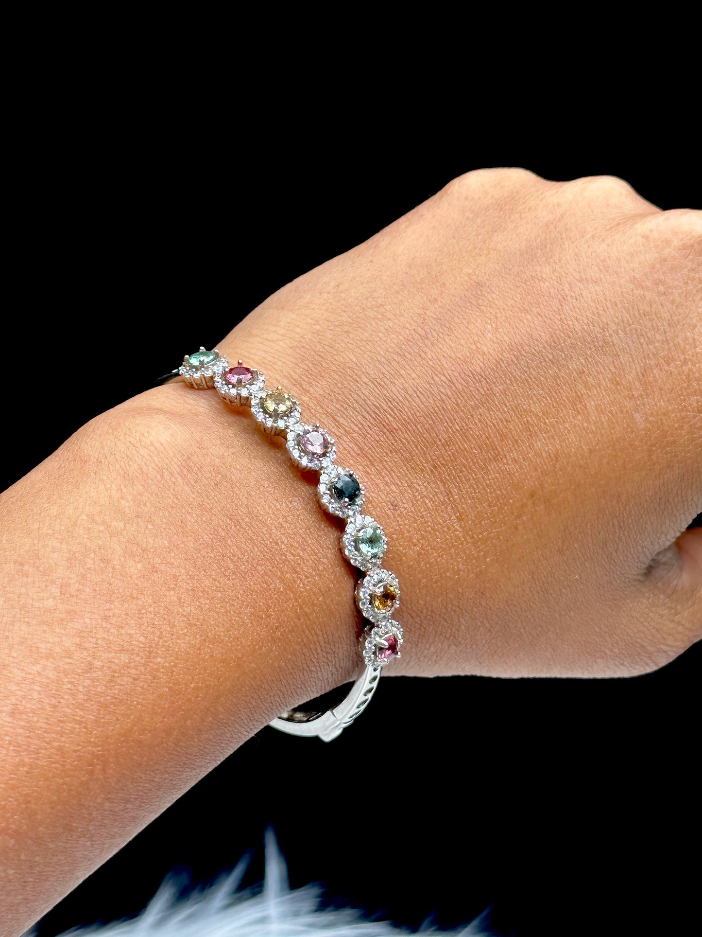 Rainbow Tourmaline Sterling Silver Bracelet with Moissanite Diamond Accents - High-Quality Gemstone Jewelry - One-of-a-Kind Piece