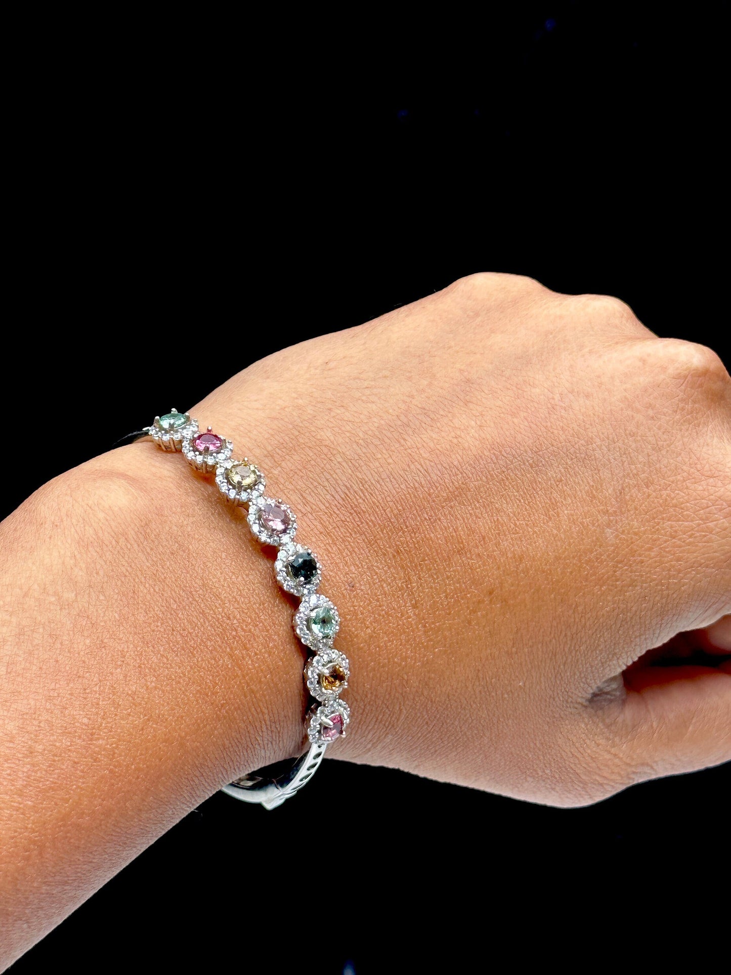 Rainbow Tourmaline Sterling Silver Bracelet with Moissanite Diamond Accents - High-Quality Gemstone Jewelry - One-of-a-Kind Piece