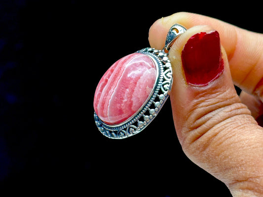 High-Quality Rhodochrosite Crystal Vintage Style Pendant in Sterling Silver - Unique Gemstone Jewelry