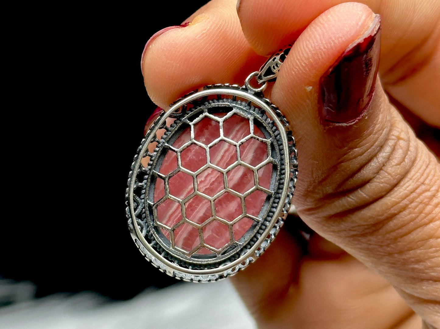 High-Quality Rhodochrosite Crystal Vintage Style Pendant in Sterling Silver - Unique Gemstone Jewelry