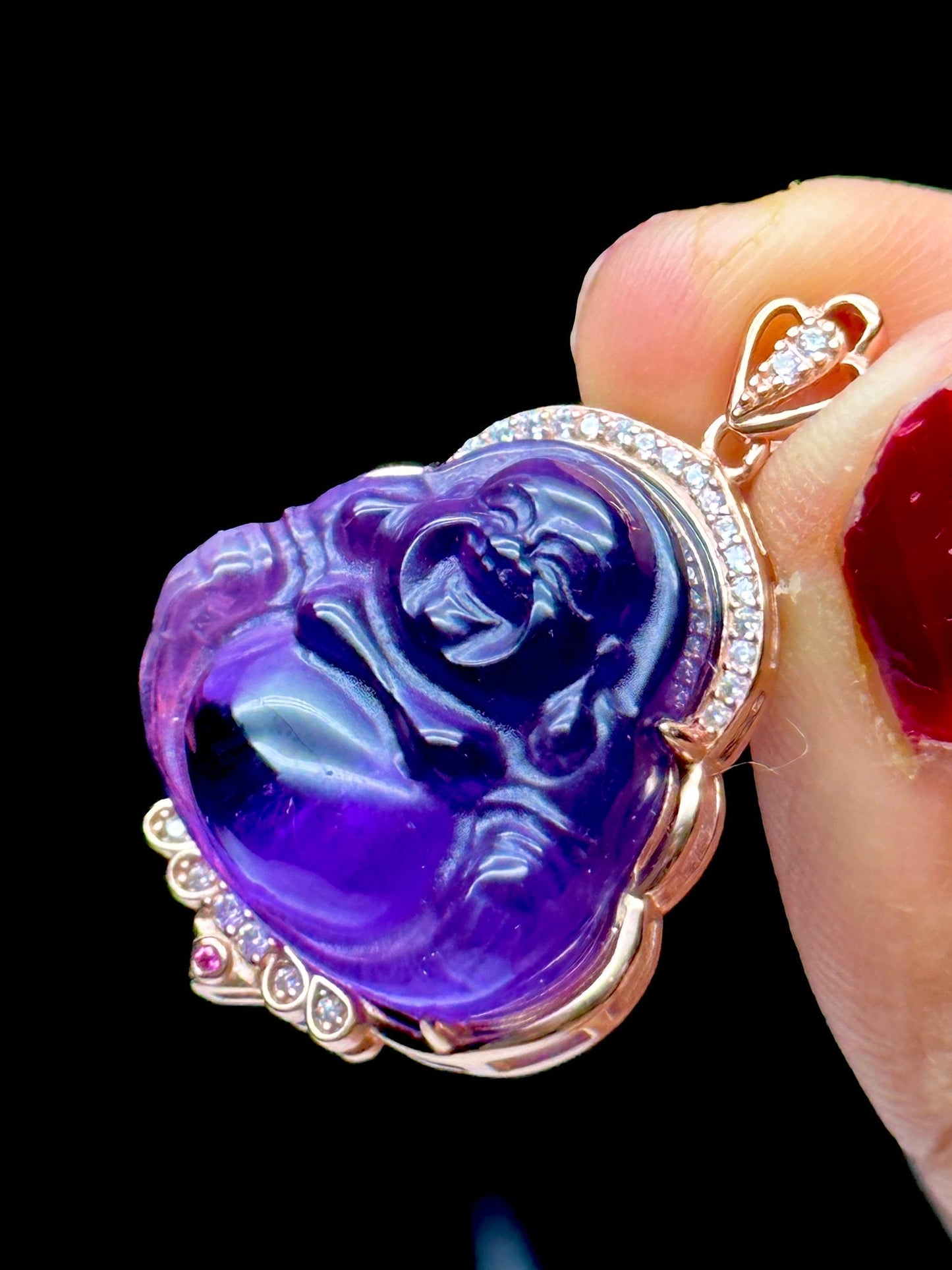 High-Quality Amethyst Laughing Buddha Pendant - 18K Rose Gold Plated on S925 Sterling Silver - Crystal Healing Jewelry