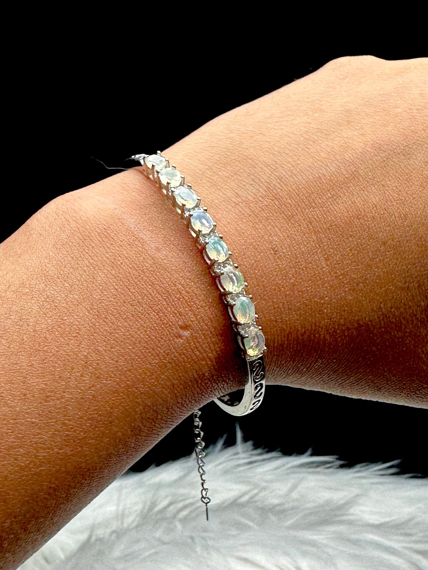 High-Quality White Opal Sterling Silver Bangle Bracelet - Adjustable Size - Genuine Gemstone Jewelry