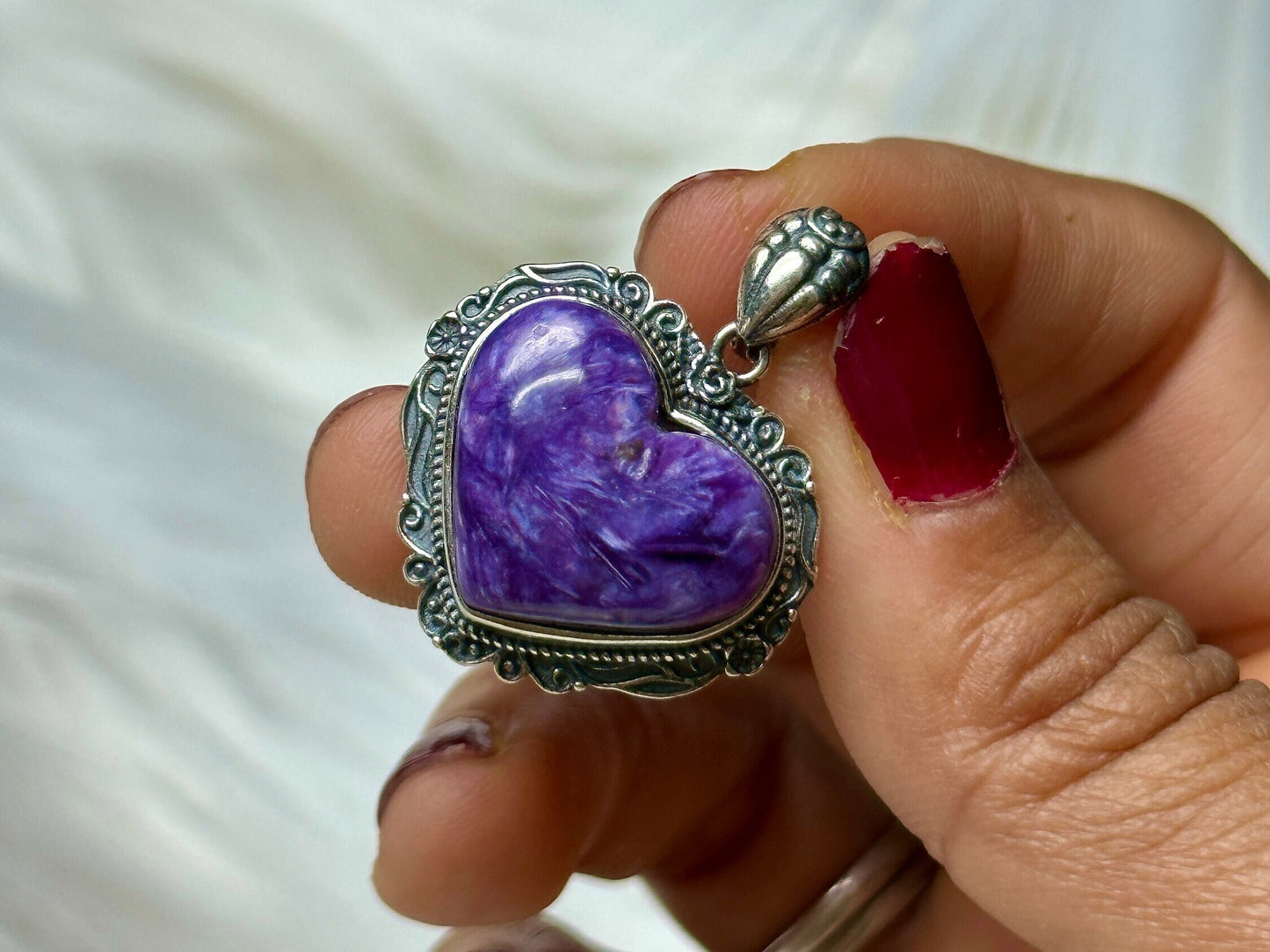 Vintage Style Heart-Shaped Charoite Crystal Pendant in Sterling Silver - Unique Gemstone Necklace - One-of-a-Kind Jewelry