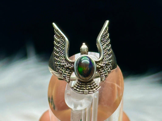 High-Quality Black Opal Crystal Eagle Sterling Silver Ring - Unique Gemstone Jewelry