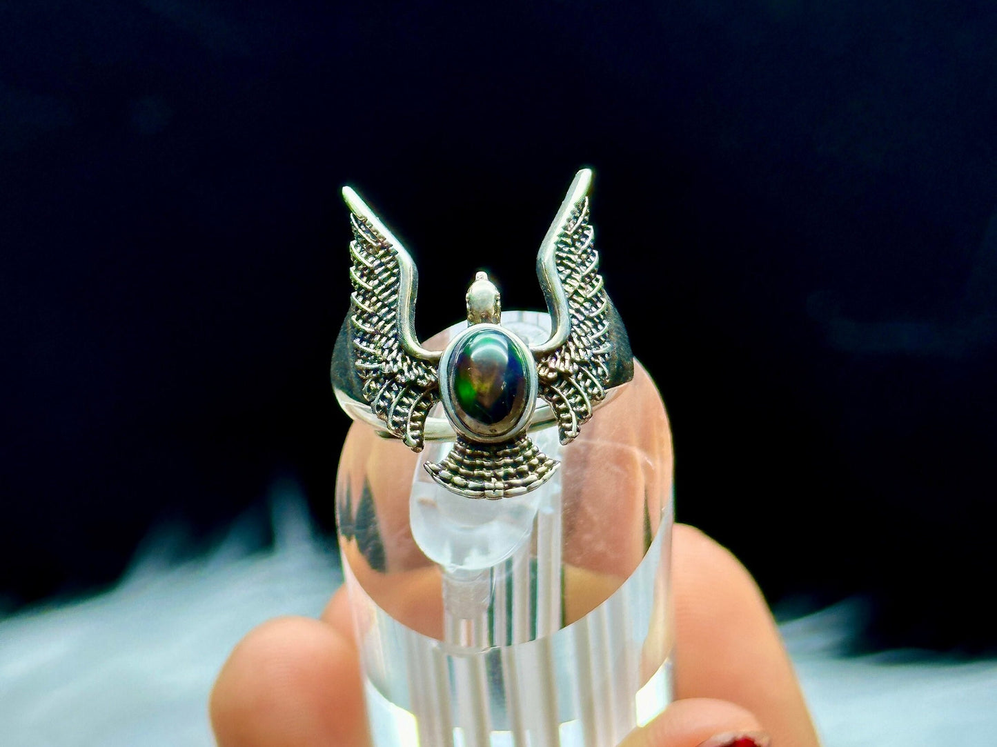 High-Quality Black Opal Crystal Eagle Sterling Silver Ring - Unique Gemstone Jewelry